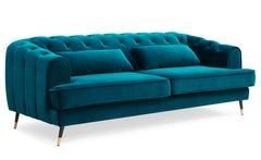 Canapé 3 places Banola style boudoir velours bleu canard capitonné