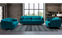 Canapé 3 places Banola style boudoir velours bleu canard capitonné