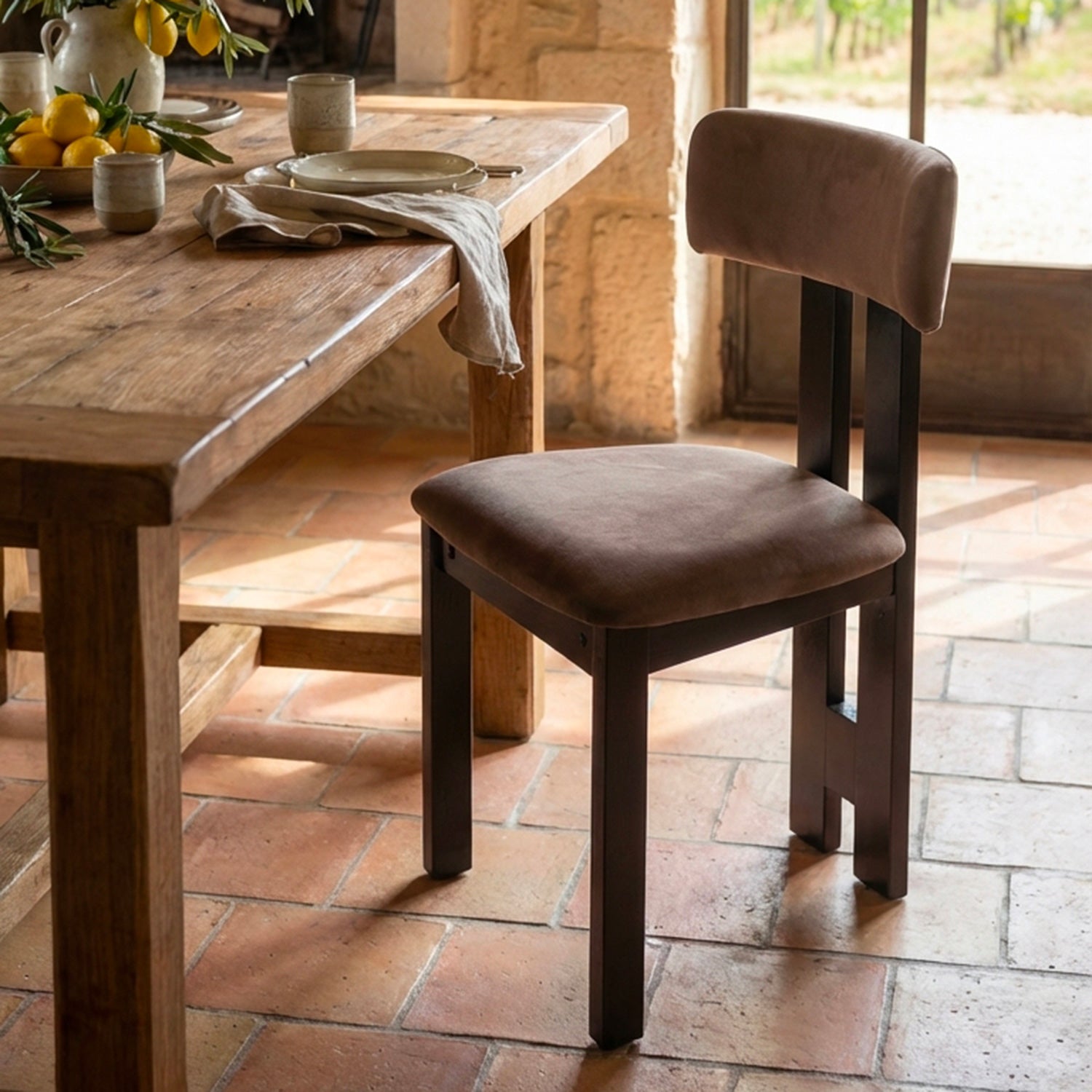 Chaise de salle à manger design Ceriz Bois foncé et Velours Marron
