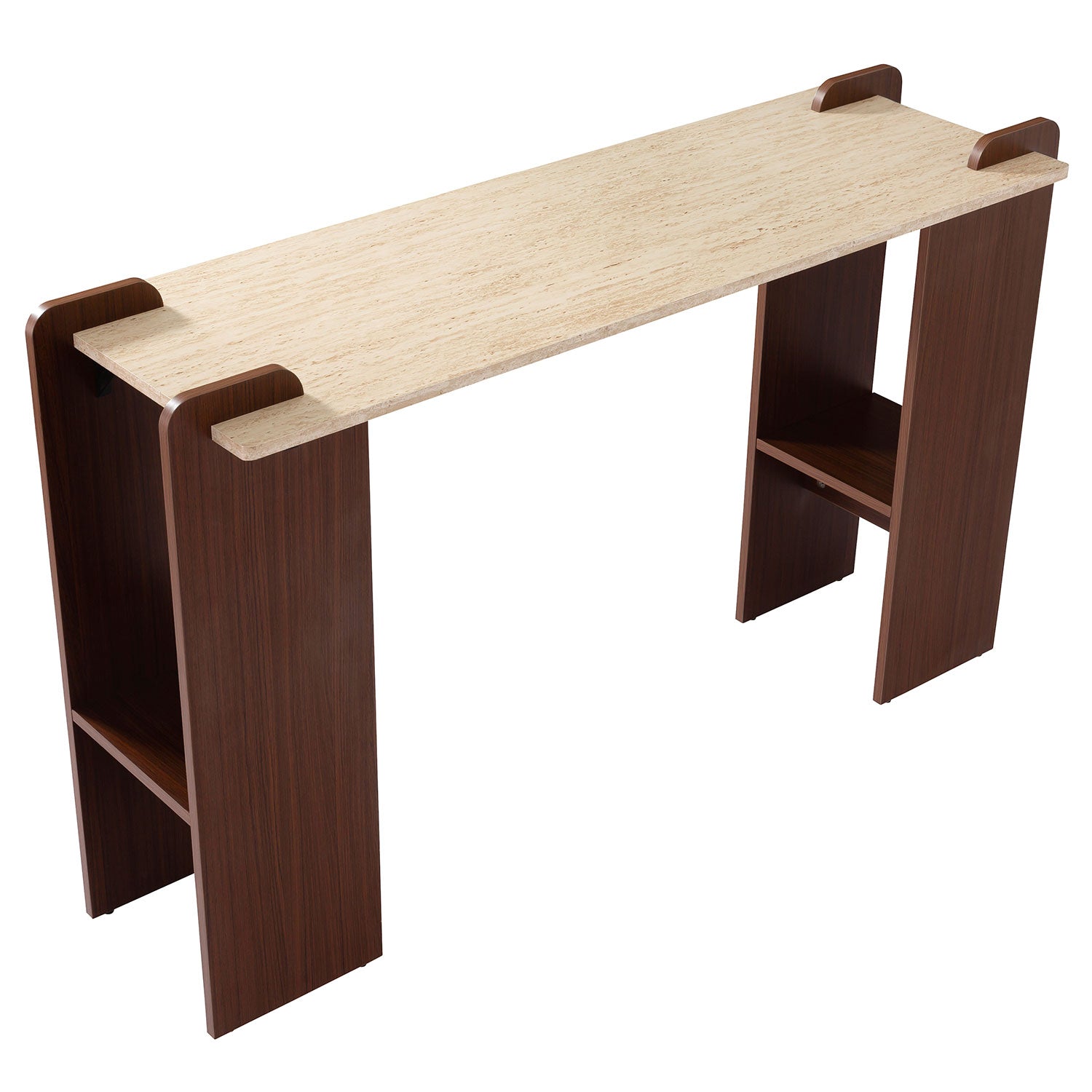 Console au design Art Déco Cezanne 40x120cm Effet travertin Beige et Bois foncé