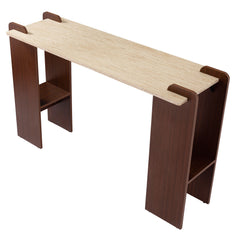 Console au design Art Déco Cezanne 40x120cm Effet travertin Beige et Bois foncé