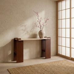 Console au design Art Déco Cezanne 40x120cm Effet travertin Beige et Bois foncé