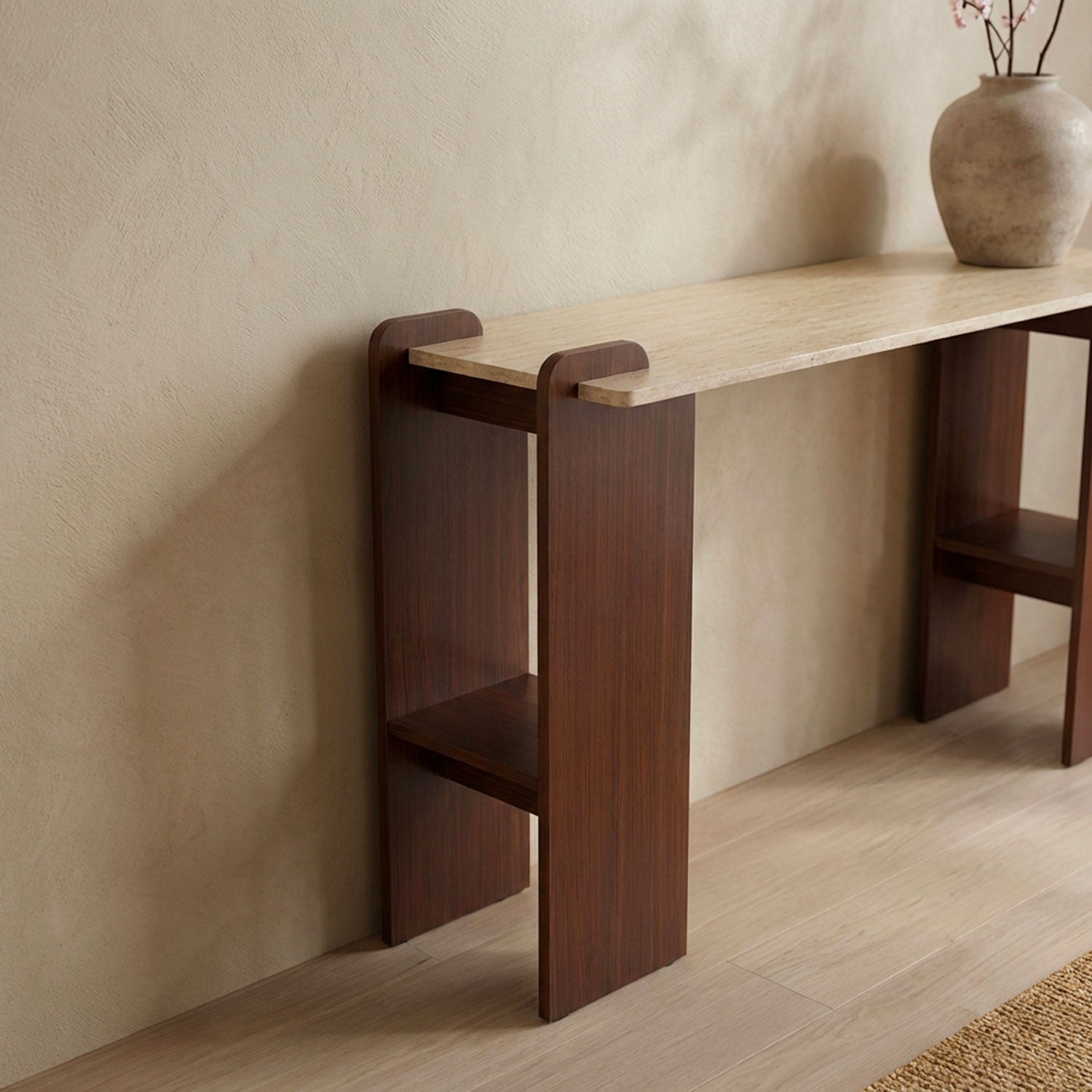 Console au design Art Déco Cezanne 40x120cm Effet travertin Beige et Bois foncé