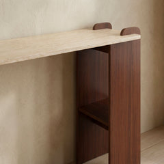 Console au design Art Déco Cezanne 40x120cm Effet travertin Beige et Bois foncé