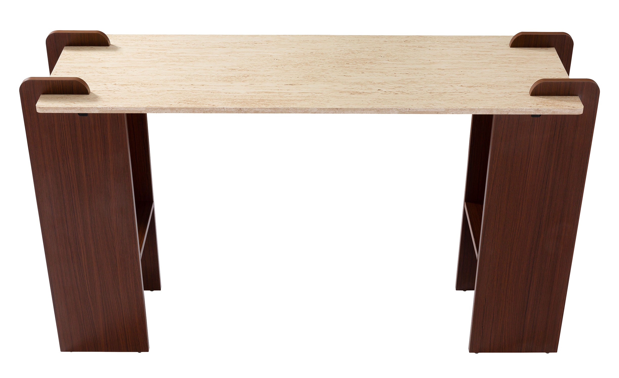 Console au design Art Déco Cezanne 40x120cm Effet travertin Beige et Bois foncé