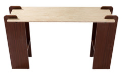 Console au design Art Déco Cezanne 40x120cm Effet travertin Beige et Bois foncé