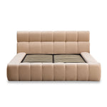 Lit-coffre 160x200cm tissu bouclette beige avec tête de lit matelassée