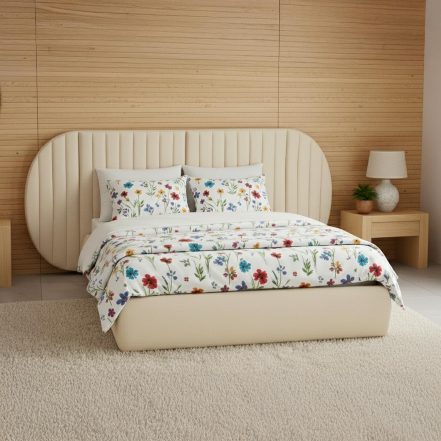 Lit coffre-complet avec tête de lit modulable Cocon 140x200cm Tissu Beige