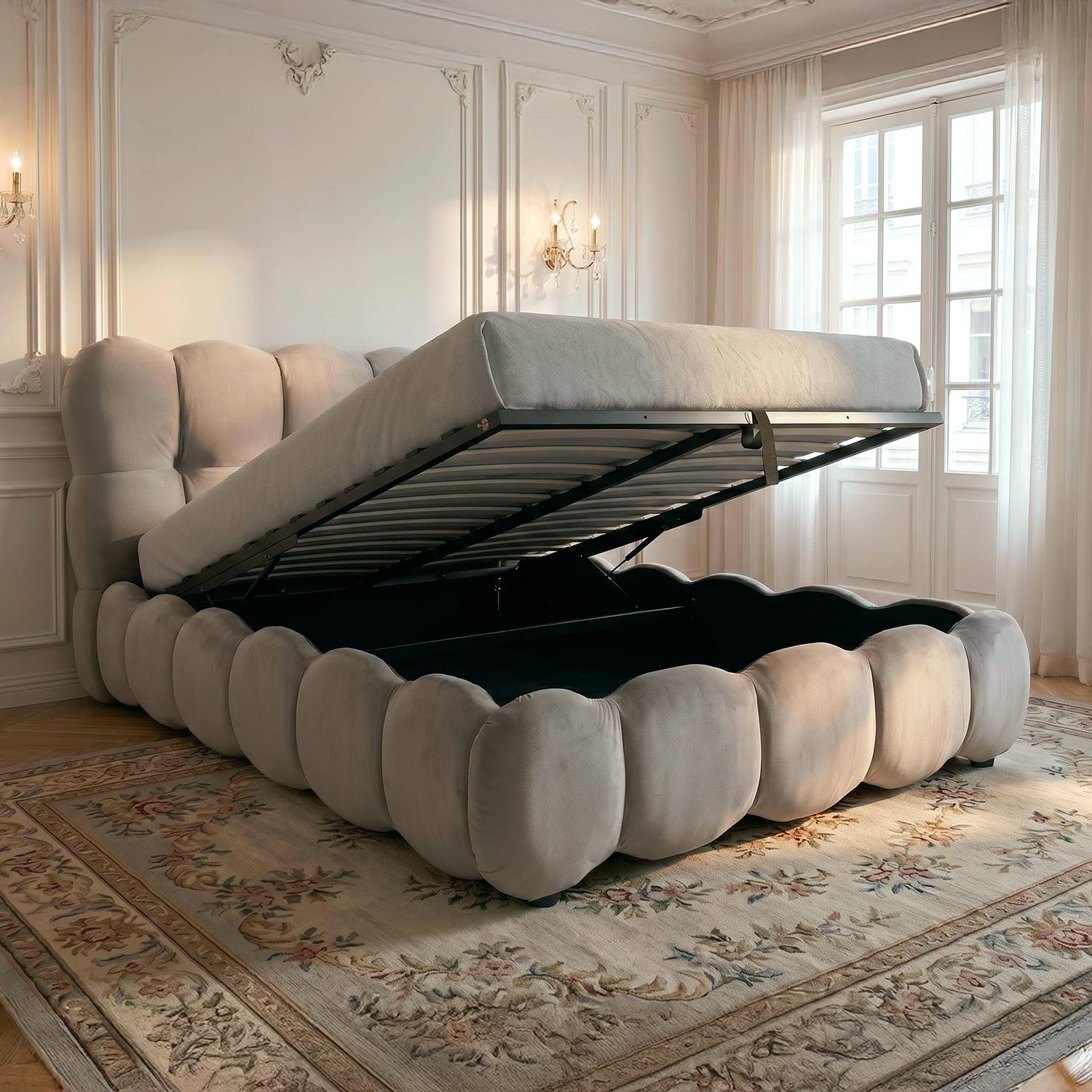 Lit-coffre design boule Bilbola avec sommier relevable 140x200cm Velours Gris