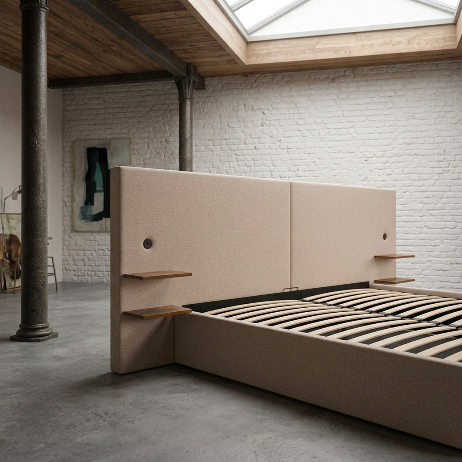 Lit-coffre complet avec tablettes et ports USB intégrés Lukas 180x200cm Tissu Taupe clair