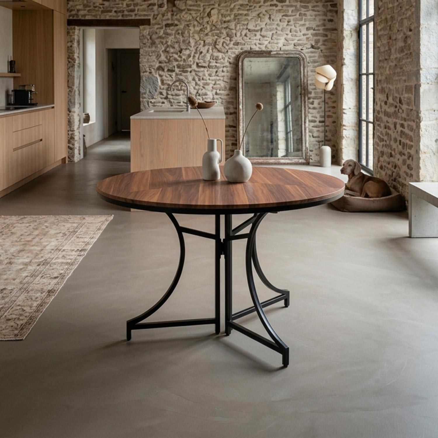 Table ronde pliante gain de place Foldine Ø80cm Métal Noir et Bois noisette