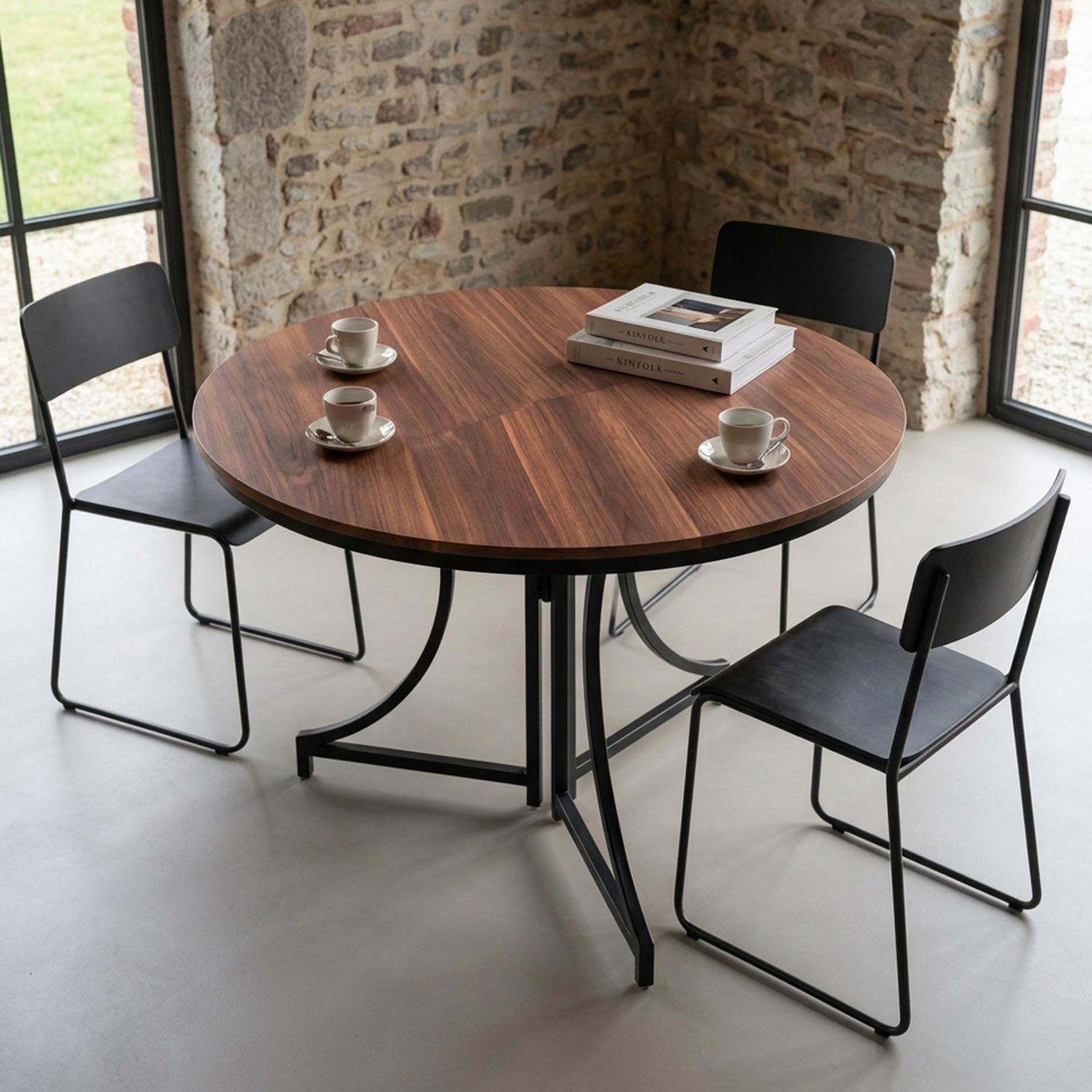 Table ronde pliante gain de place Foldine Ø80cm Métal Noir et Bois noisette