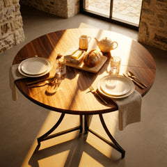 Table ronde pliante gain de place Foldine Ø80cm Métal Noir et Bois noisette