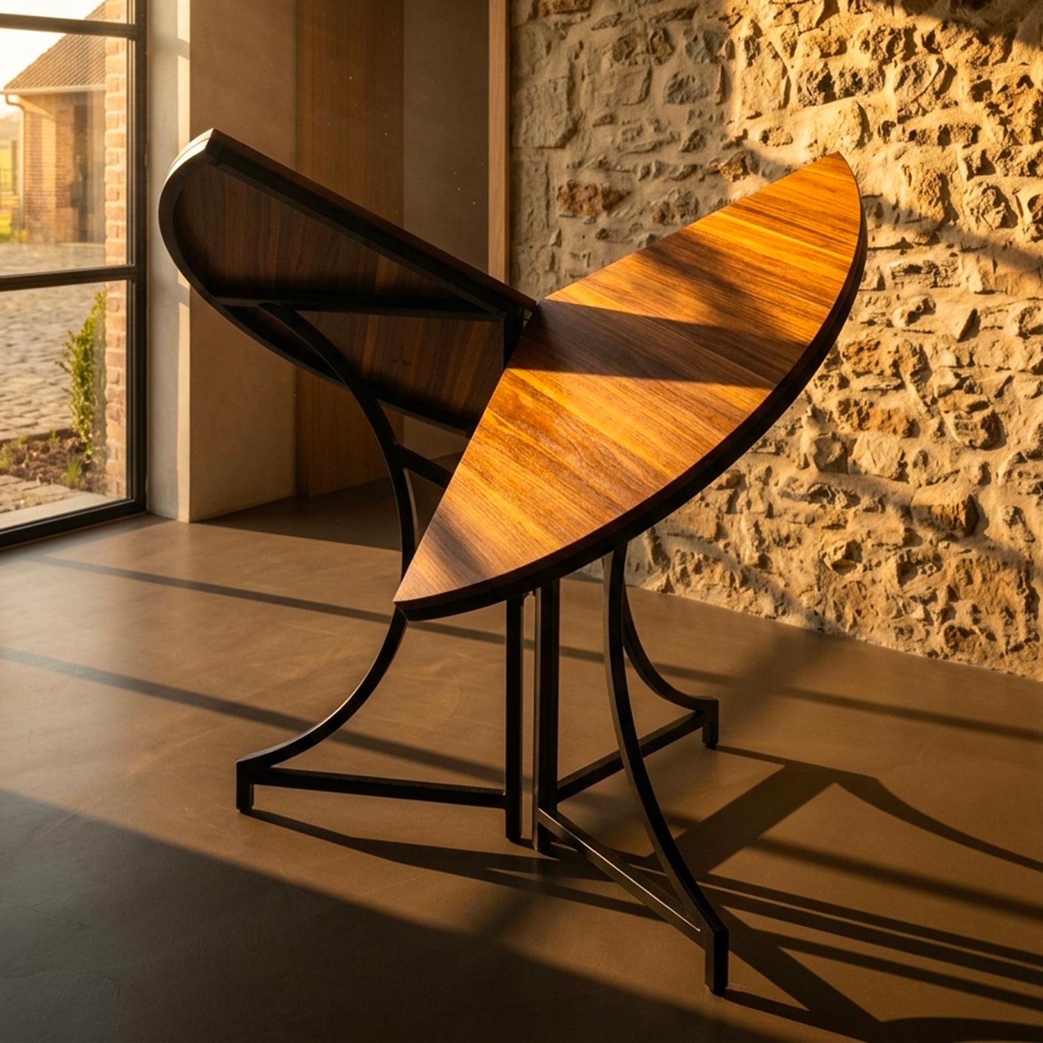 Table ronde pliante gain de place Foldine Ø80cm Métal Noir et Bois noisette