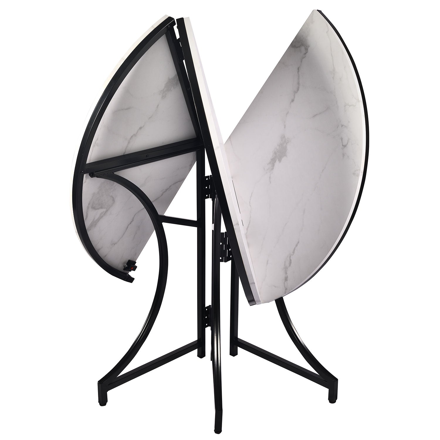 Table ronde pliante gain de place Foldine Ø80cm Métal Noir et Effet marbre Blanc