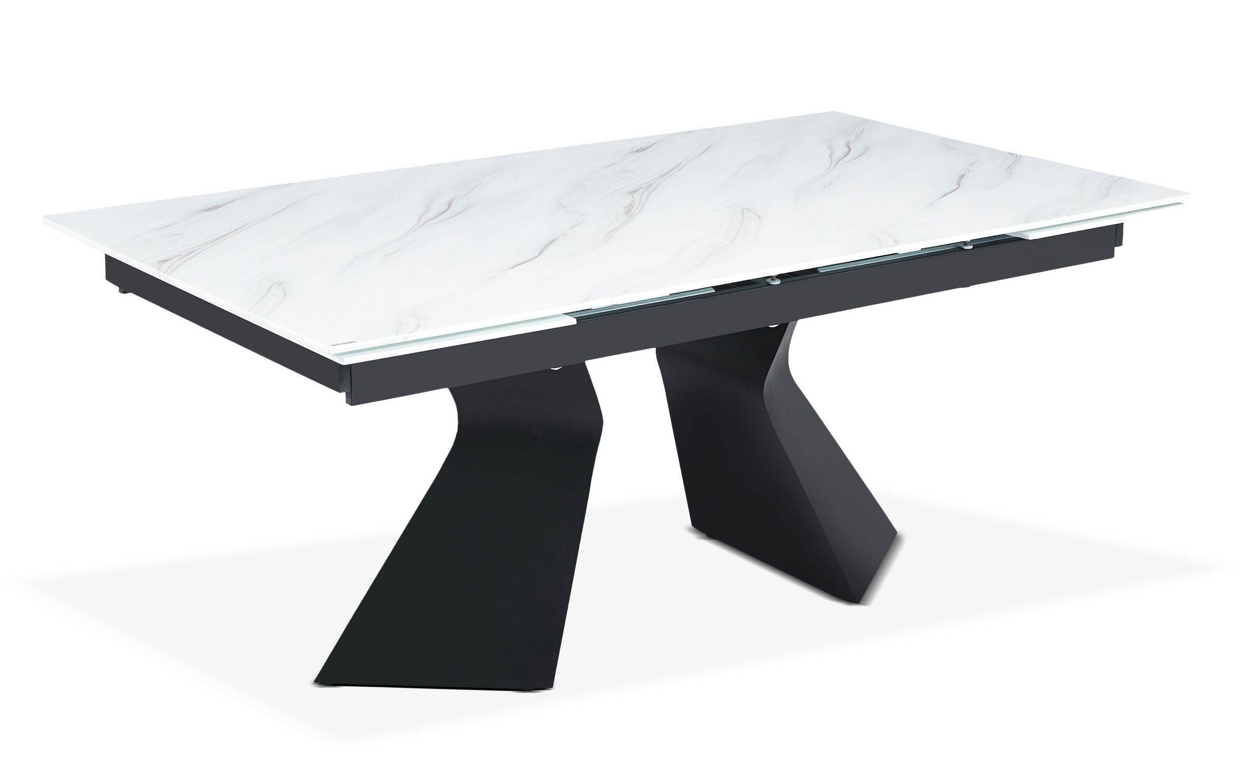Table à manger extensible Icaria en Verre effet marbre blanc et pieds Métal Noir