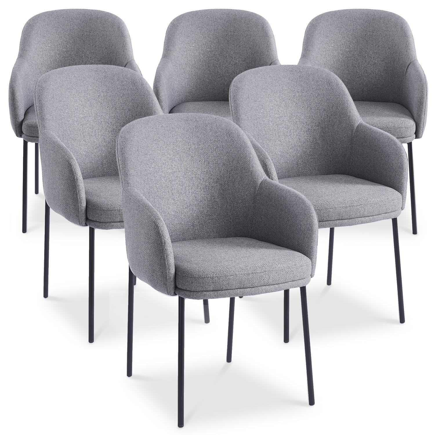 Lot de 6 chaises modernes matelassées Inaya Métal Noir et Tissu Gris