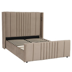 Lit complet avec sommier relevable prises USB et lumières intégrées Line 140x190cm Velours Taupe