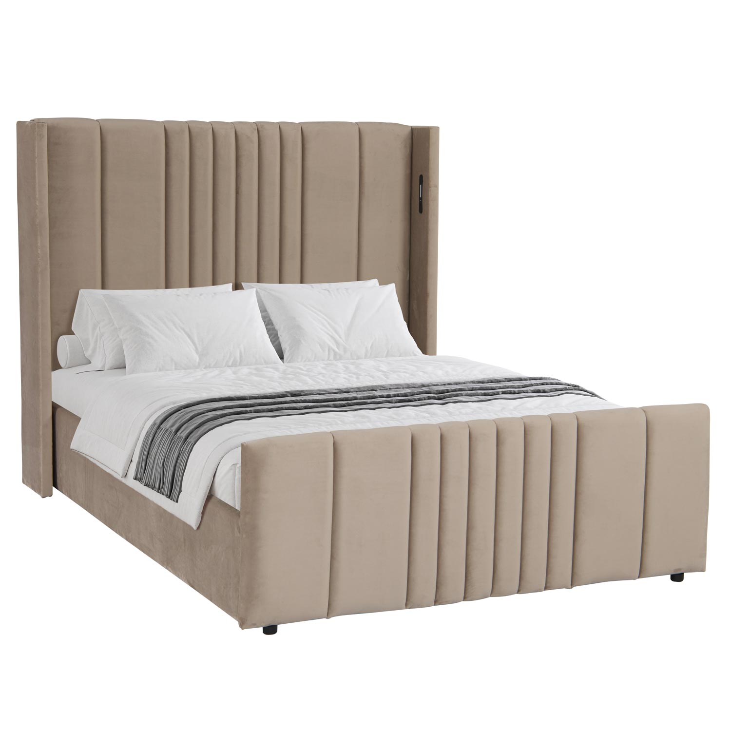 Lit complet avec sommier relevable prises USB et lumières intégrées Line 140x190cm Velours Taupe