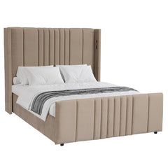 Lit complet avec sommier relevable prises USB et lumières intégrées Line 140x190cm Velours Taupe