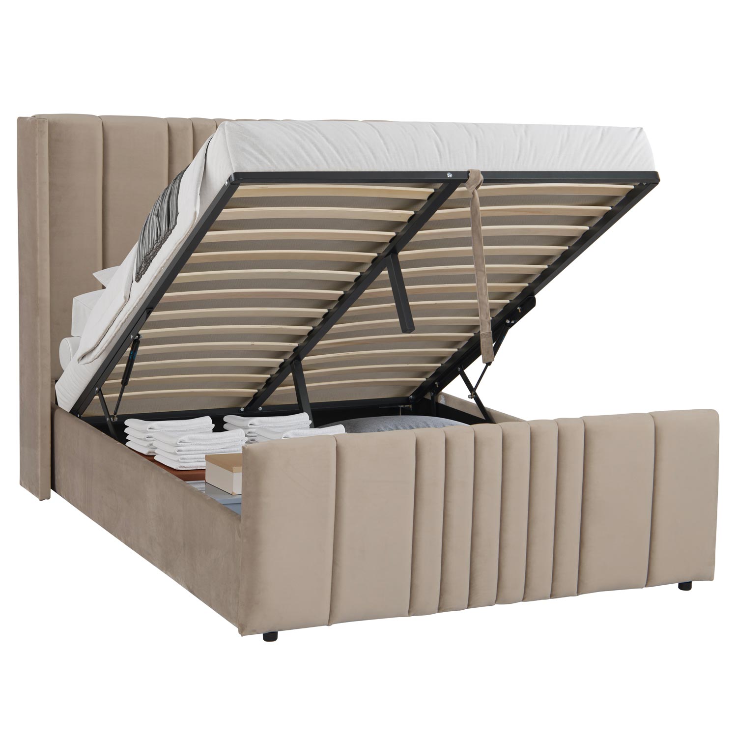 Lit complet avec sommier relevable prises USB et lumières intégrées Line 140x190cm Velours Taupe