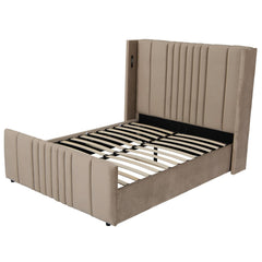 Lit complet avec sommier relevable prises USB et lumières intégrées Line 140x190cm Velours Taupe