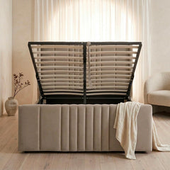 Lit complet avec sommier relevable prises USB et lumières intégrées Line 140x190cm Velours Taupe