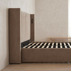 Lit complet avec sommier relevable prises USB et lumières intégrées Line 140x190cm Velours Taupe