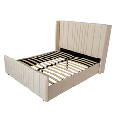 Lit complet avec sommier relevable prises USB et lumières intégrées Line 160x200cm Velours Beige