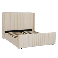 Lit complet avec sommier relevable prises USB et lumières intégrées Line 160x200cm Velours Beige
