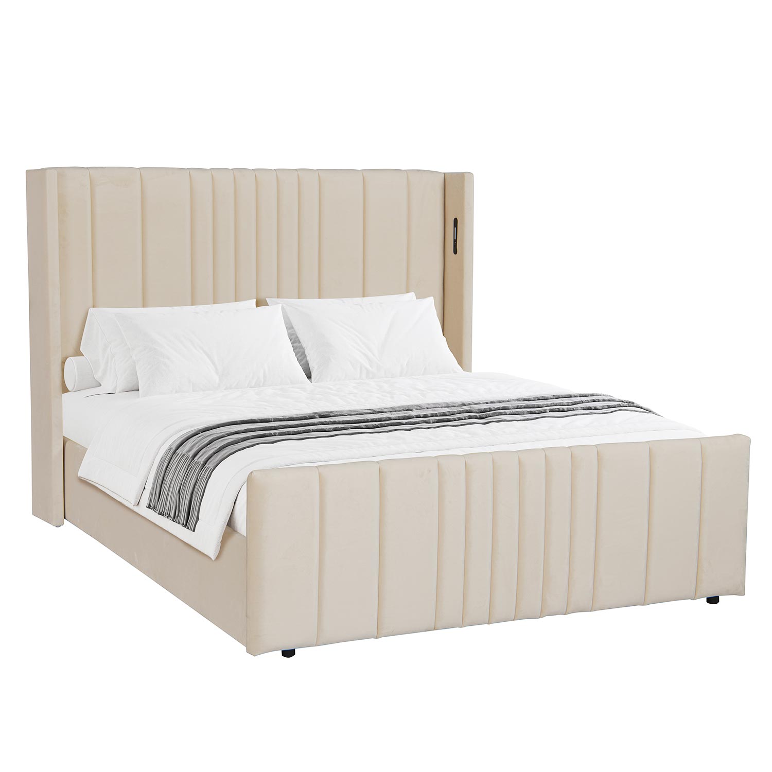 Lit complet avec sommier relevable prises USB et lumières intégrées Line 160x200cm Velours Beige