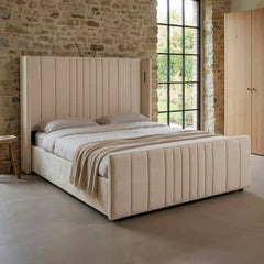 Lit complet avec sommier relevable prises USB et lumières intégrées Line 160x200cm Velours Beige