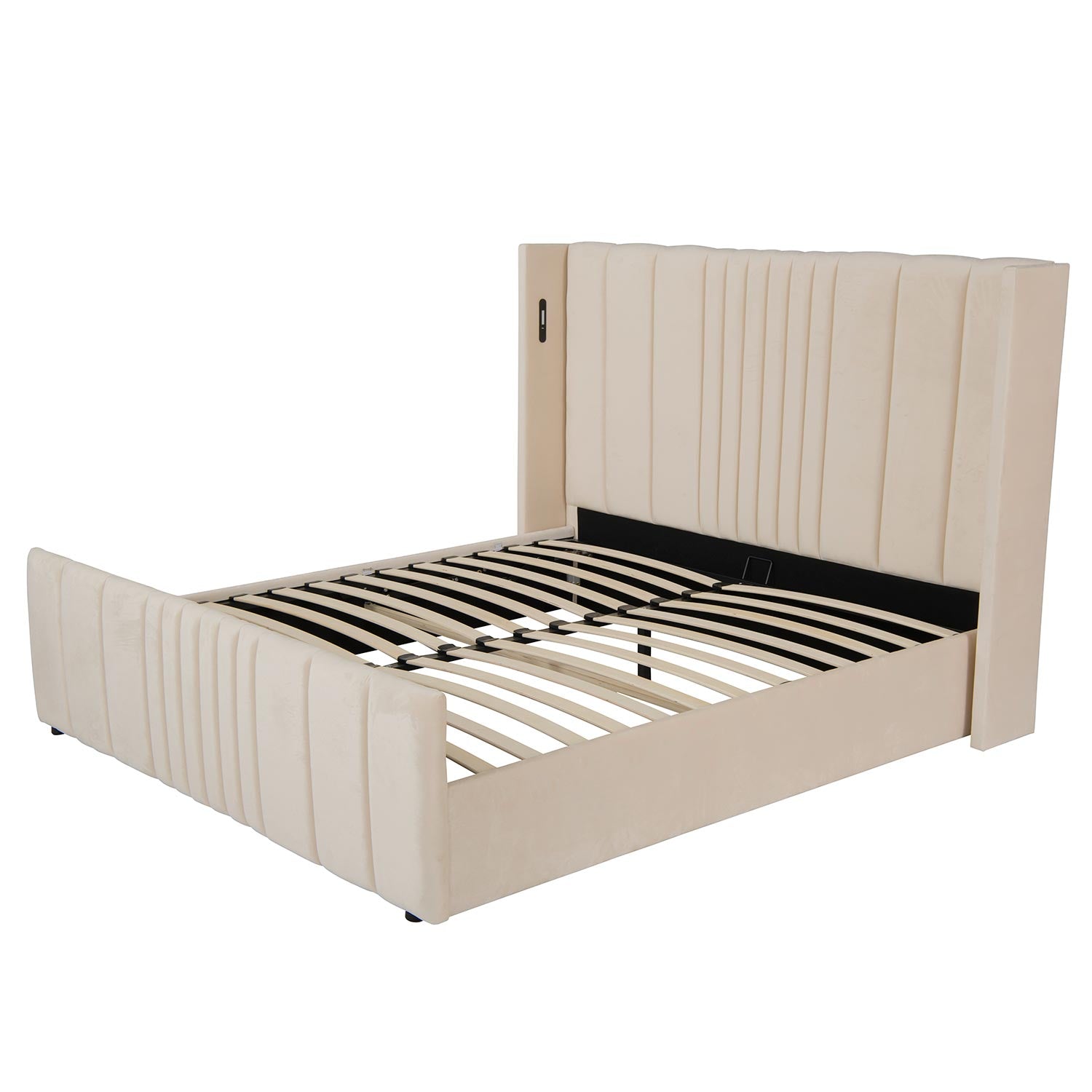 Lit complet avec sommier relevable prises USB et lumières intégrées Line 180x200cm Velours Beige