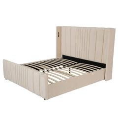 Lit complet avec sommier relevable prises USB et lumières intégrées Line 180x200cm Velours Beige