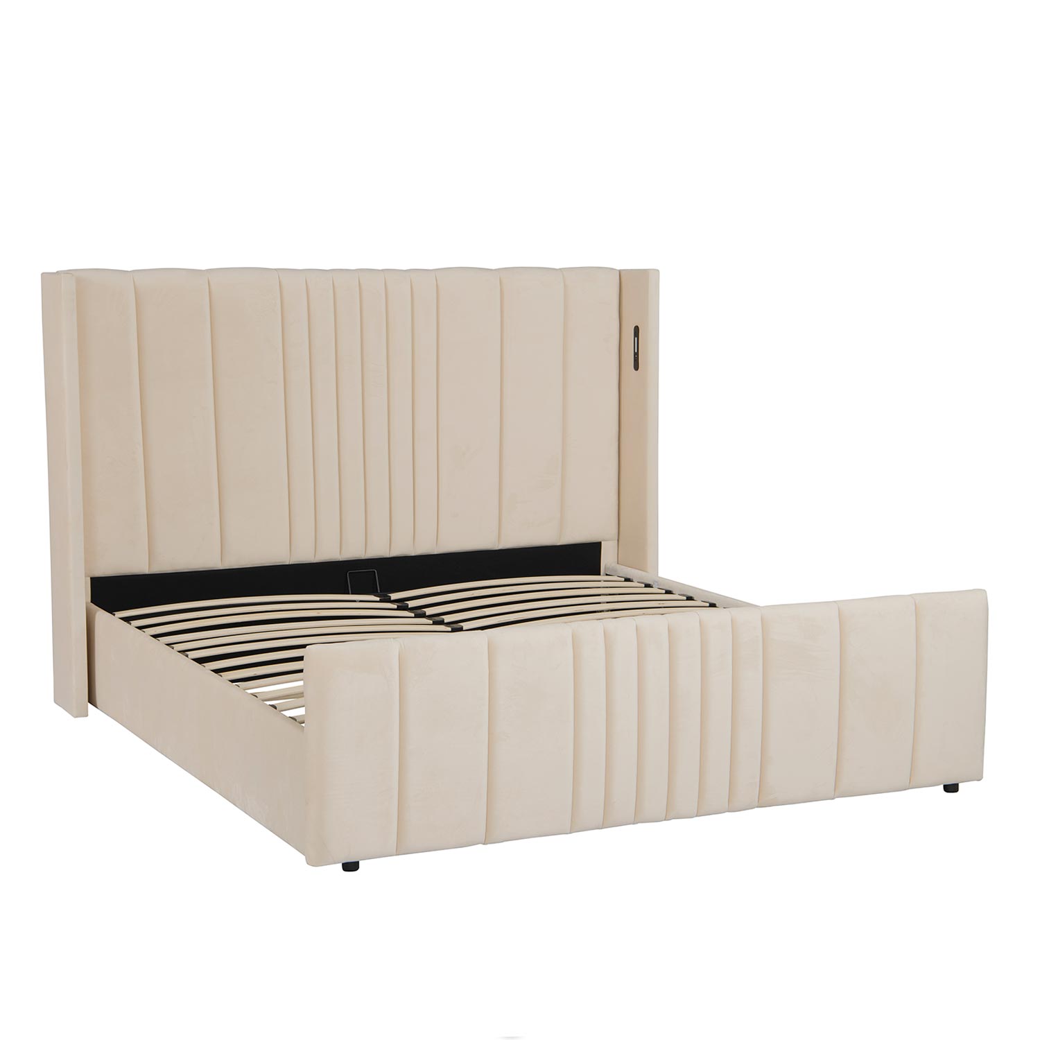 Lit complet avec sommier relevable prises USB et lumières intégrées Line 180x200cm Velours Beige