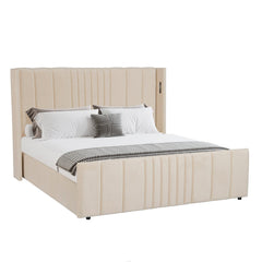 Lit complet avec sommier relevable prises USB et lumières intégrées Line 180x200cm Velours Beige