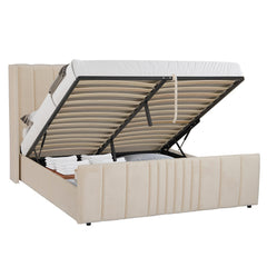 Lit complet avec sommier relevable prises USB et lumières intégrées Line 180x200cm Velours Beige
