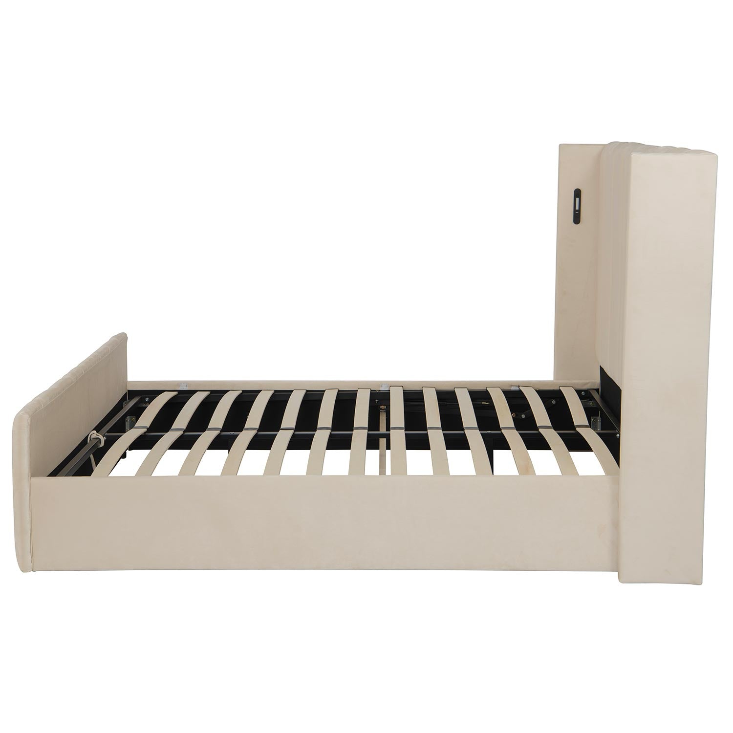 Lit complet avec sommier relevable prises USB et lumières intégrées Line 180x200cm Velours Beige