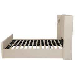 Lit complet avec sommier relevable prises USB et lumières intégrées Line 180x200cm Velours Beige