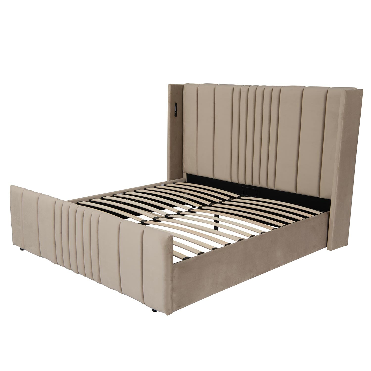 Lit complet avec sommier relevable prises USB et lumières intégrées Line 180x200cm Velours Taupe