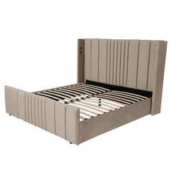 Lit complet avec sommier relevable prises USB et lumières intégrées Line 180x200cm Velours Taupe