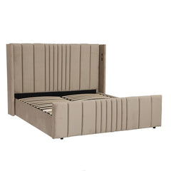 Lit complet avec sommier relevable prises USB et lumières intégrées Line 180x200cm Velours Taupe