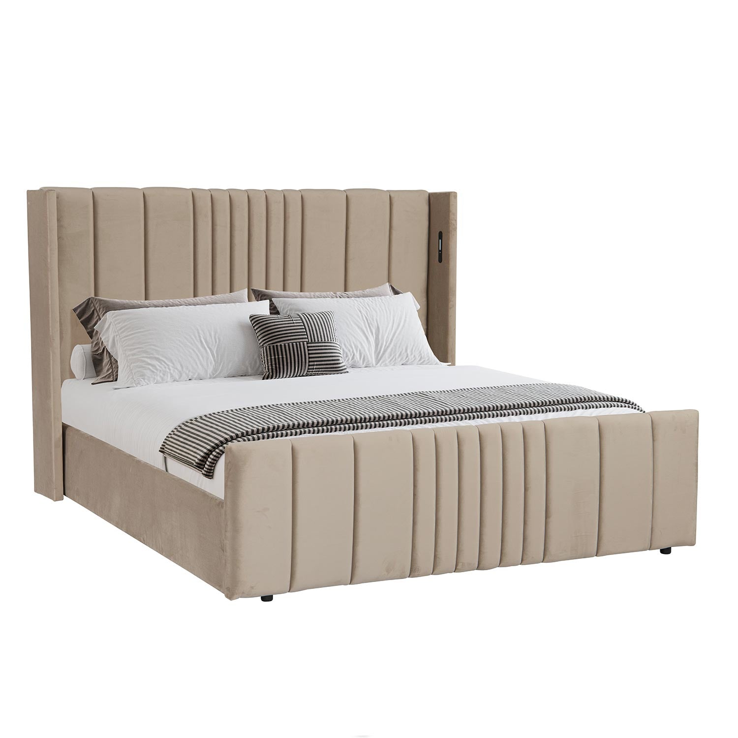 Lit complet avec sommier relevable prises USB et lumières intégrées Line 180x200cm Velours Taupe
