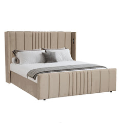 Lit complet avec sommier relevable prises USB et lumières intégrées Line 180x200cm Velours Taupe