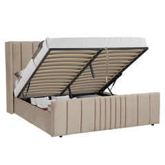 Lit complet avec sommier relevable prises USB et lumières intégrées Line 180x200cm Velours Taupe