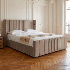 Lit complet avec sommier relevable prises USB et lumières intégrées Line 180x200cm Velours Taupe