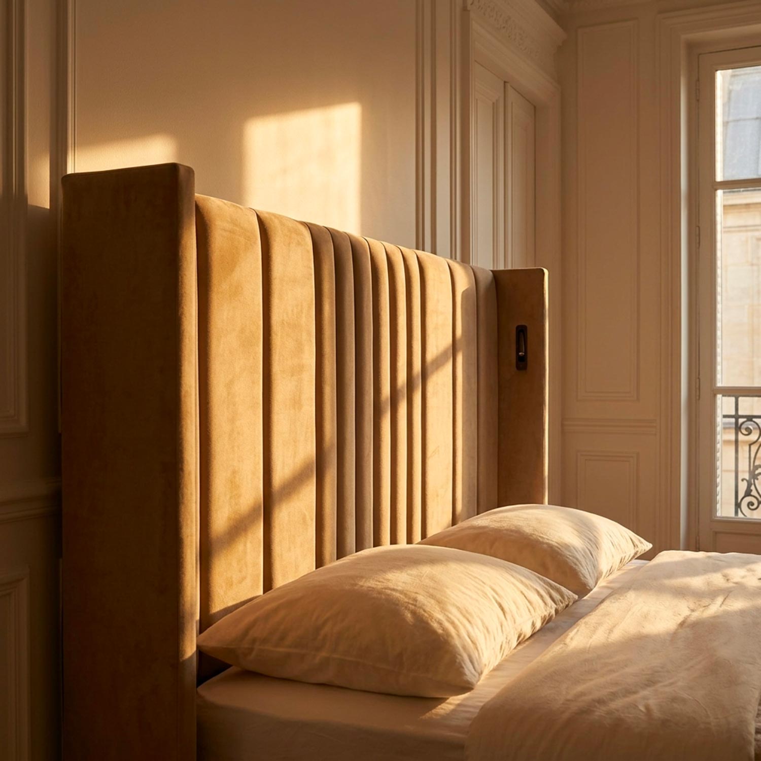 Lit complet avec sommier relevable prises USB et lumières intégrées Line 180x200cm Velours Taupe