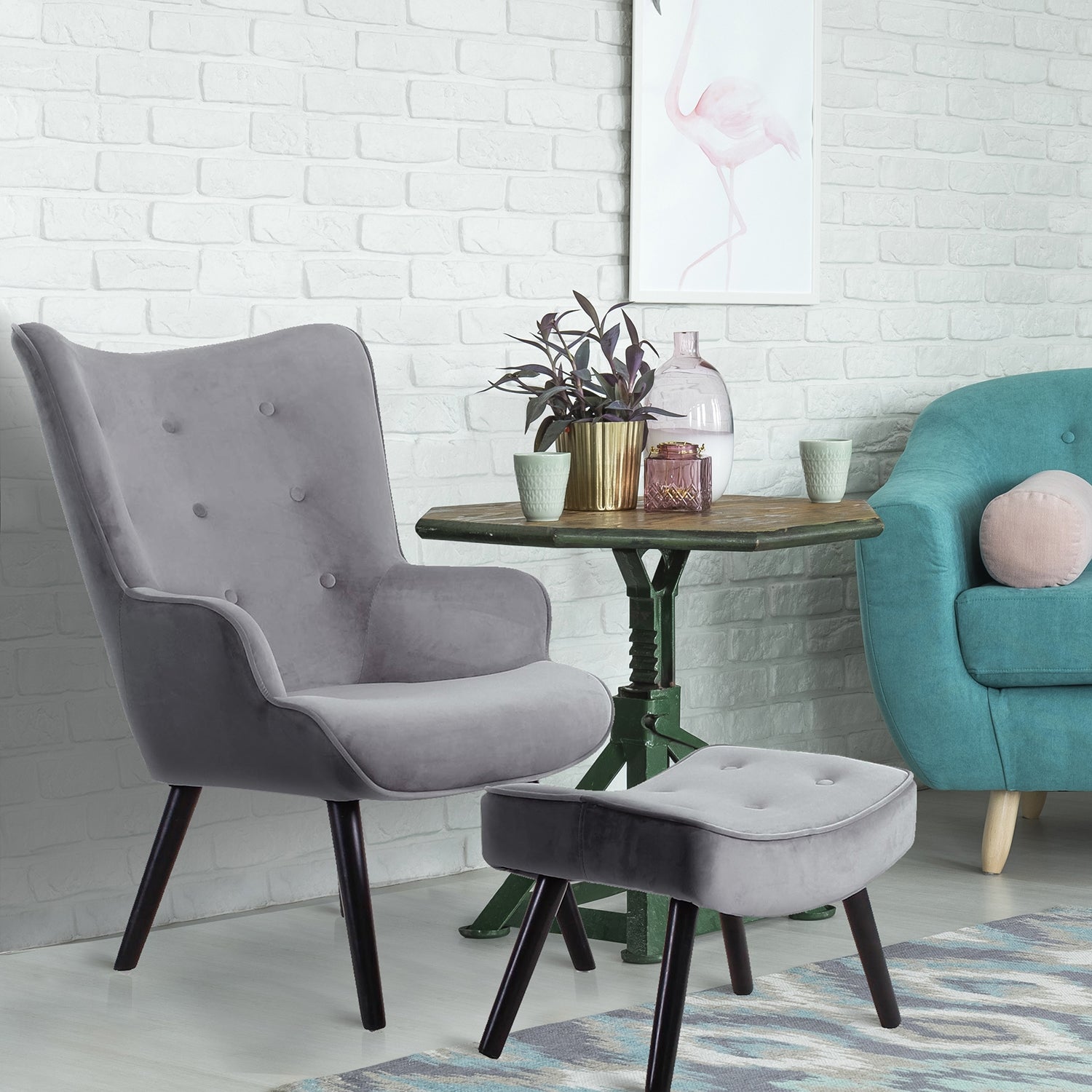 Fauteuil scandinave + pouf Lylou Velours Gris