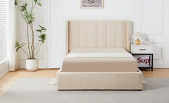 Cama doble con base tapizada elevable Baccar 140x190cm, tela bouclé color crema