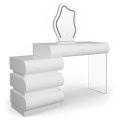Coiffeuse extensible 101-140cm avec 5 tiroirs arrondis et miroir design Mezade Blanc